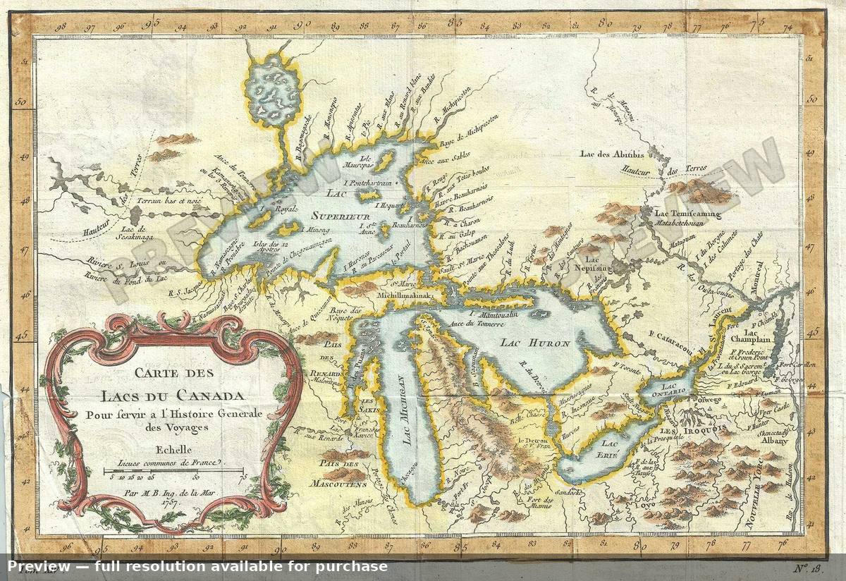 Antique map: Lacs Du Canada, 1757