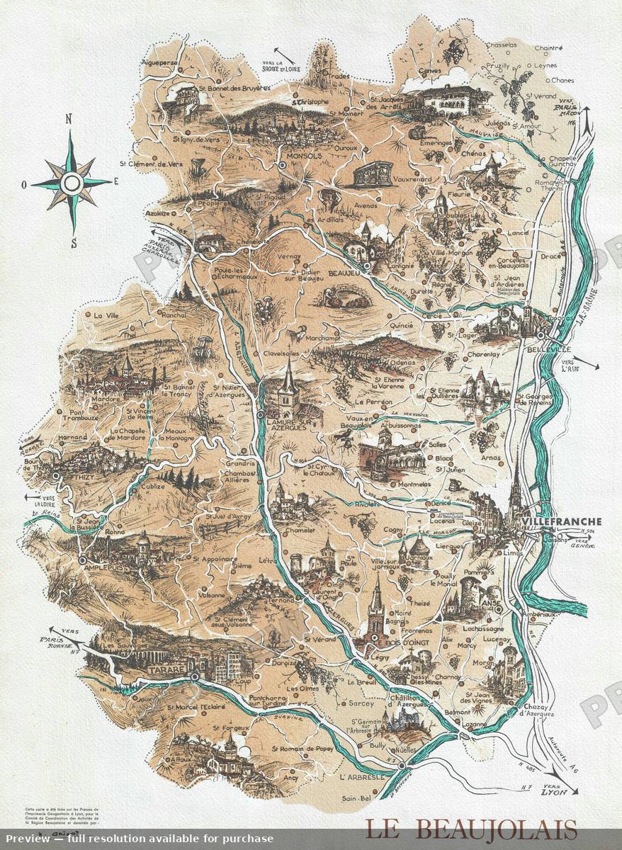 Antique map: Le Beaujolais, 1955, 1955