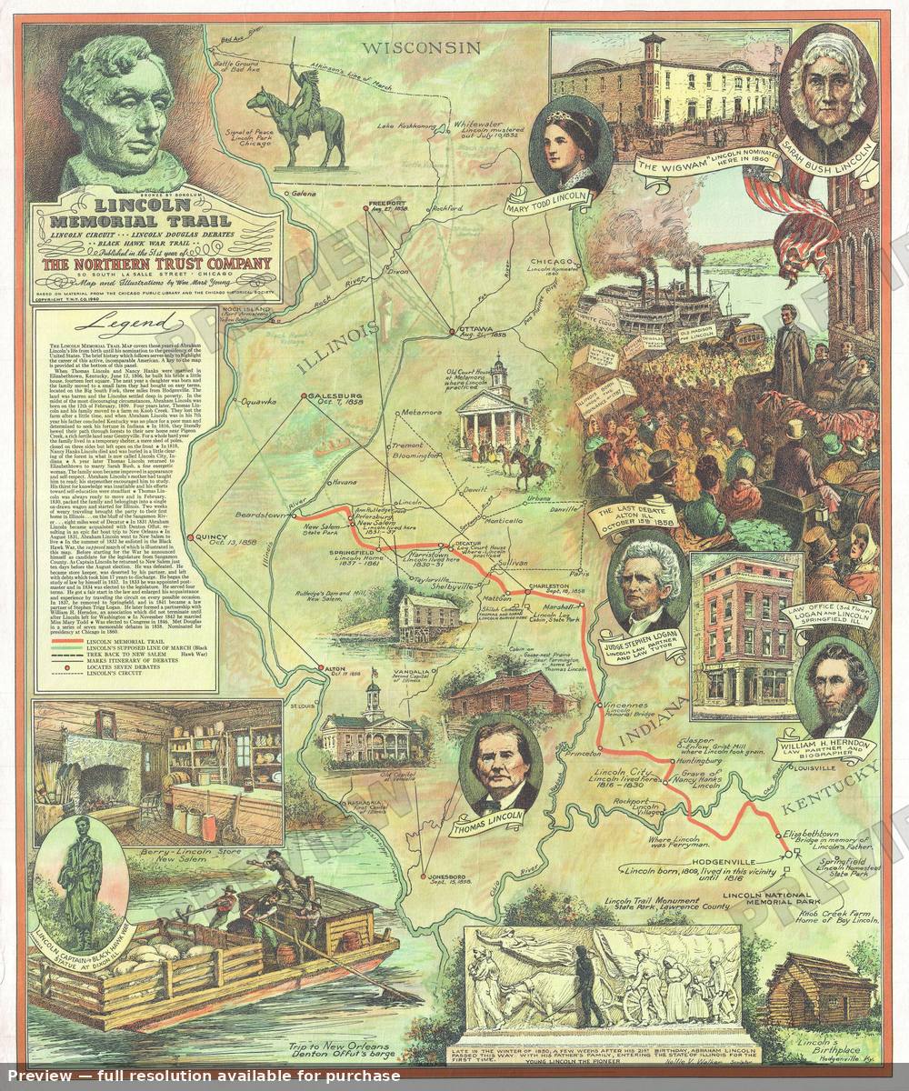 Antique map: Lincoln Memorial Trail, 1940, 1940