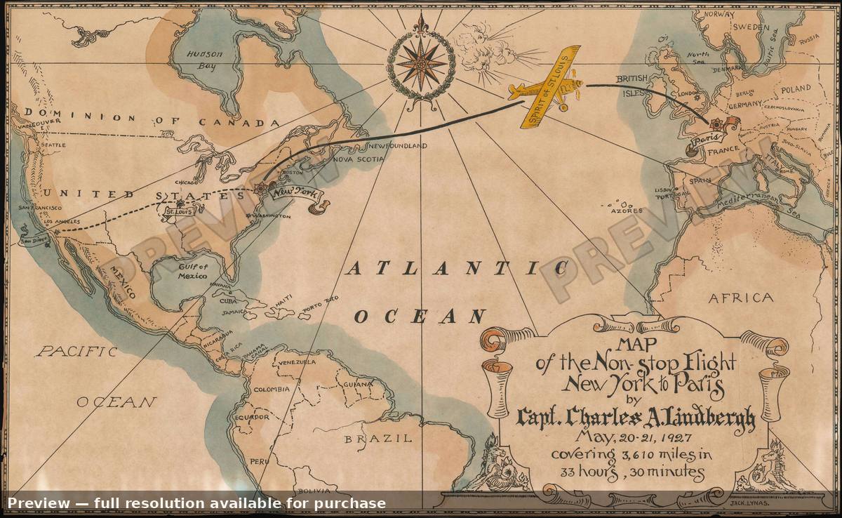 Antique map: Lindbergh Flight, 1927, 1927