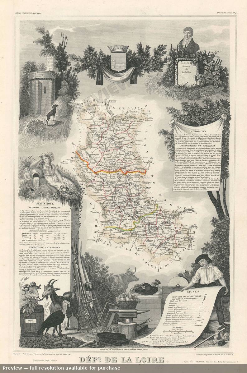 Antique map: Loire, 1852