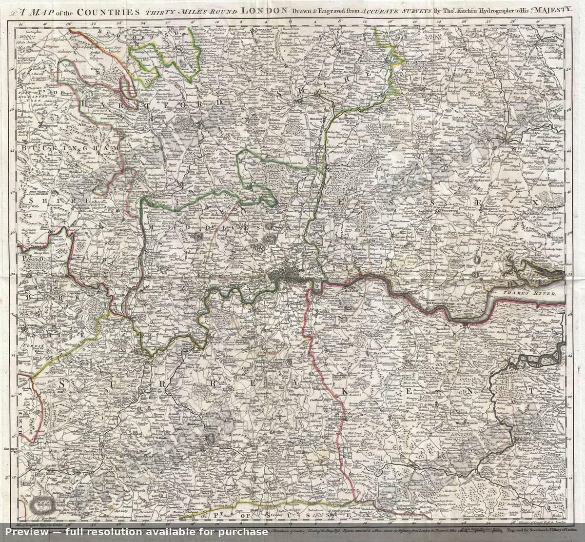 Antique map: London 30Miles Round, 1773