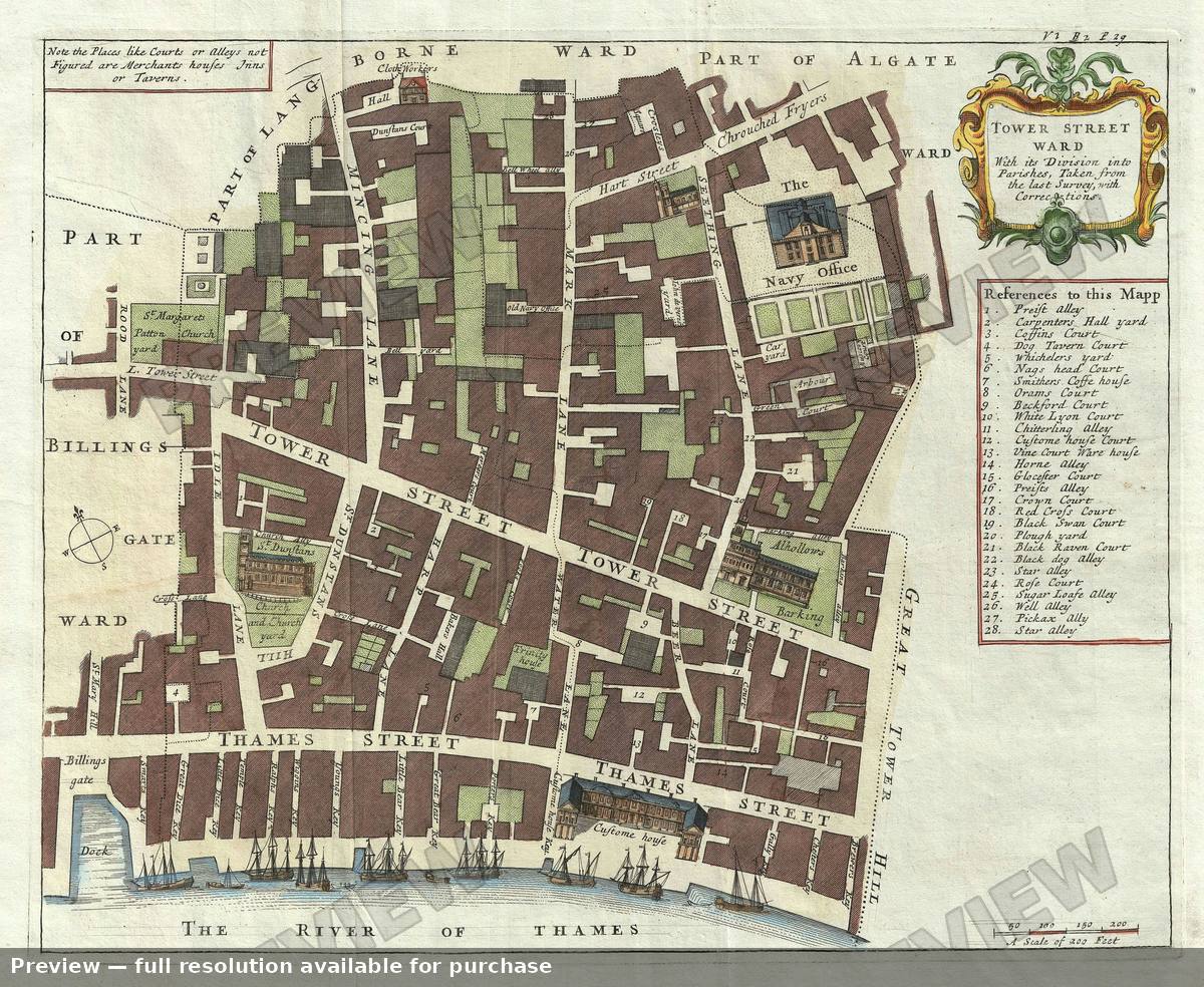 Antique map: London Tower Street, 1755, 1755