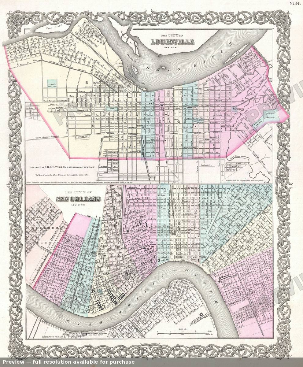 Antique map: Louisville New Orleans, 1855, 1855