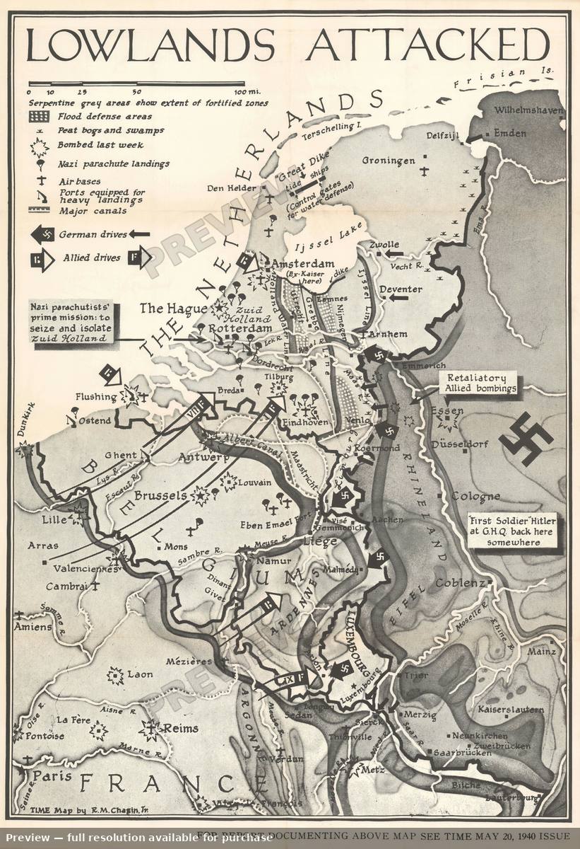 Antique map: Lowlands Attacked, 1940