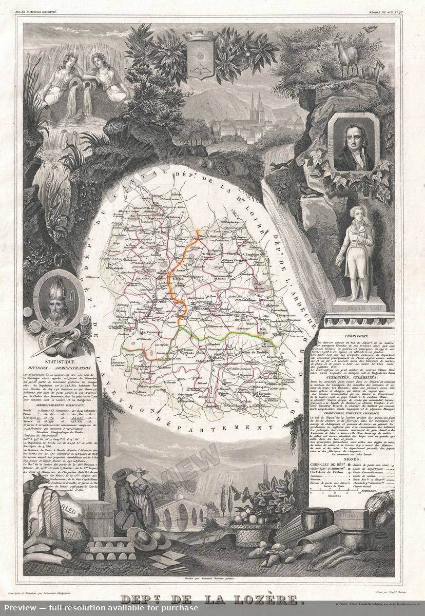 Antique map: Lozere, 1852, 1852