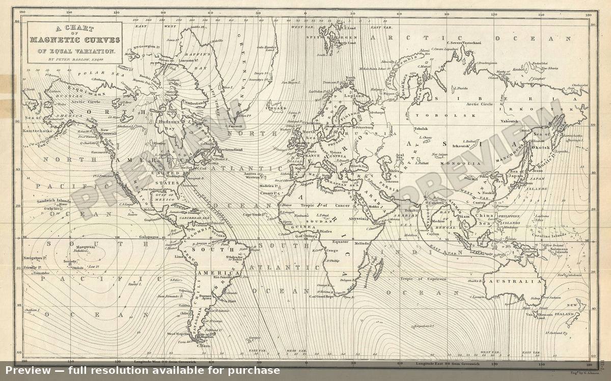 Antique map: Magnetic Curves, 1844, 1844