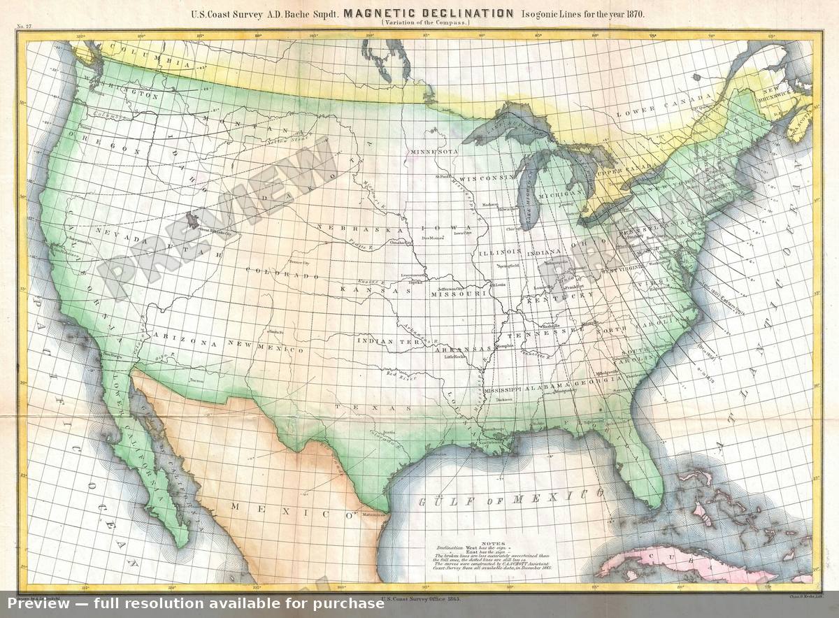 Antique map: Magnetic Declination, 1870, 1870