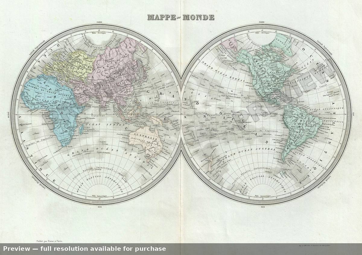 Antique map: Mappe Monde, 1874