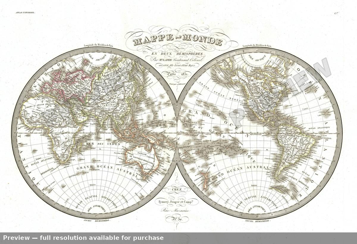 Antique map: Mappe Monde Hemi, 1829