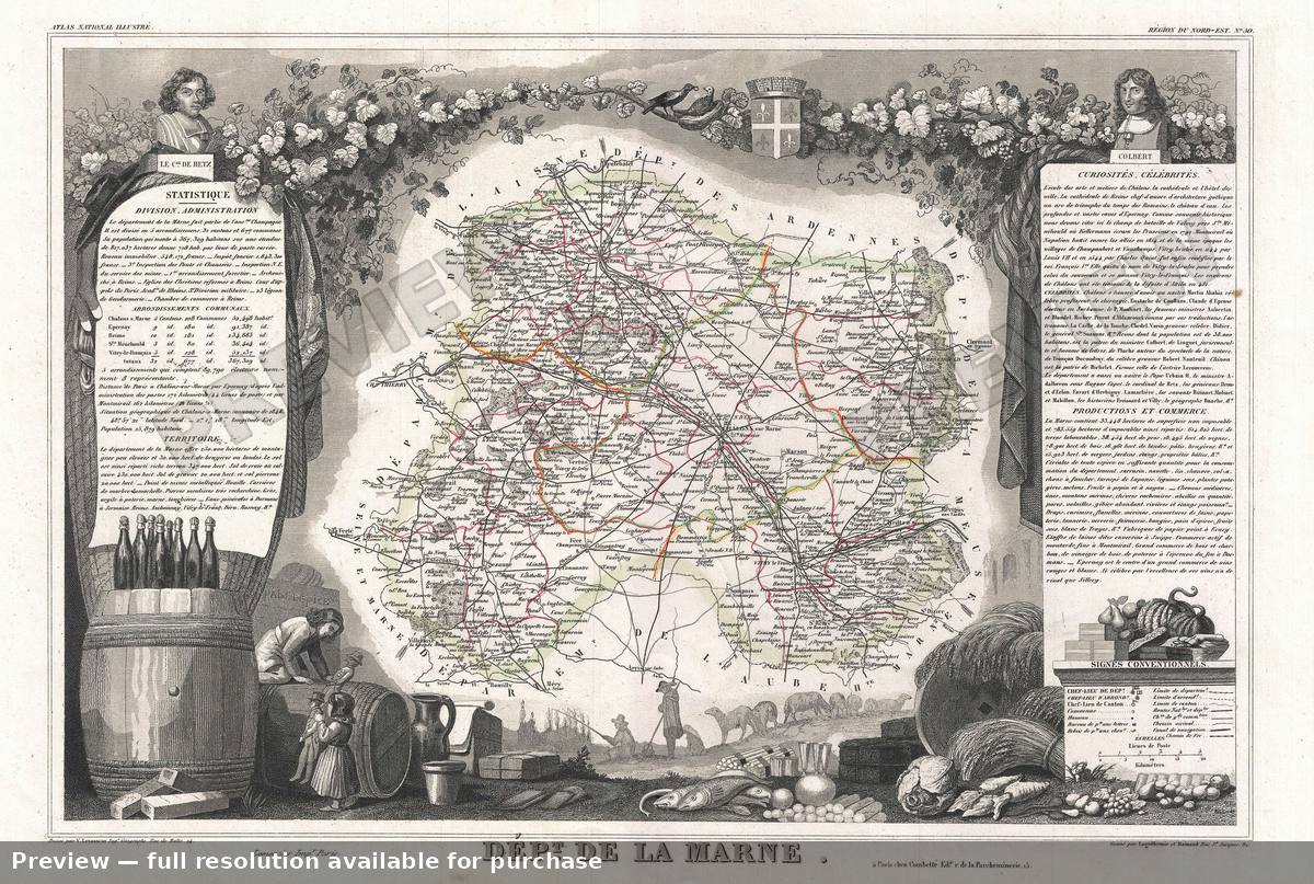 Antique map: Marne, 1852
