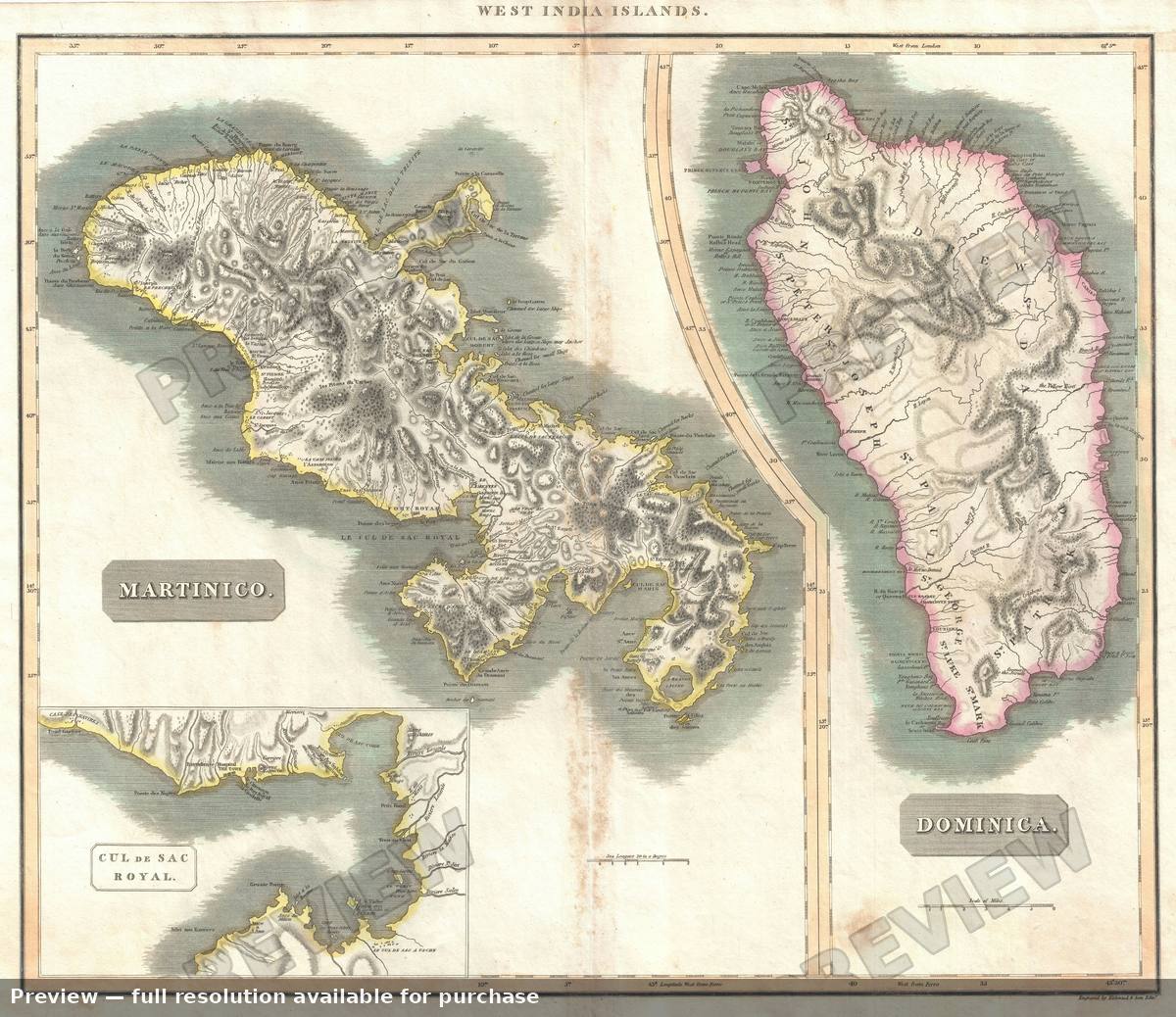 Antique map: Martinique Dominica, 1814, 1814
