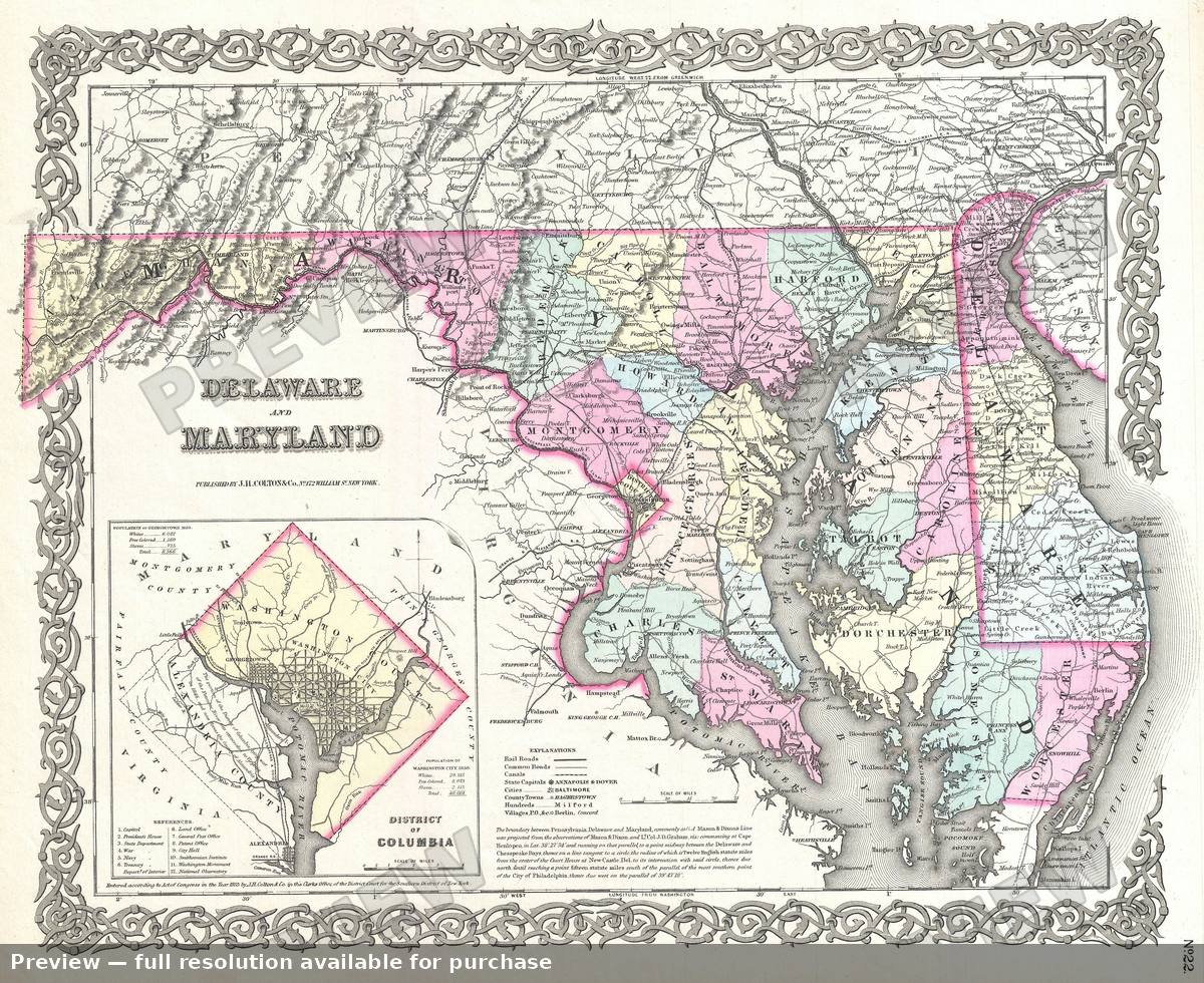 Antique map: Maryland Delaware, 1855, 1855