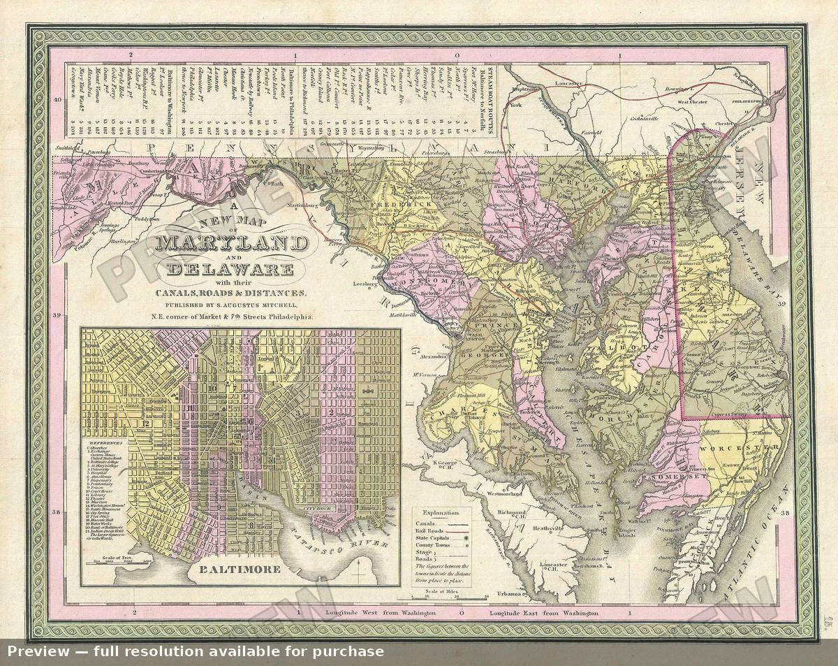 Antique map: Maryland Delaware, 1849, 1849