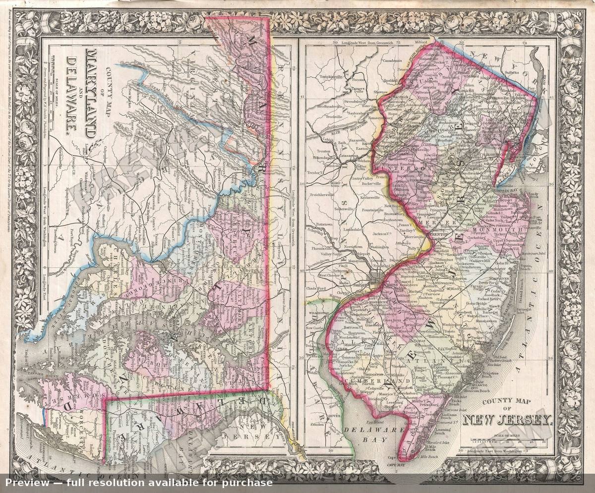 Antique map: Maryland New Jersey, 1866, 1866