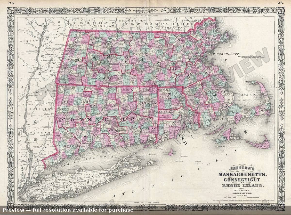 Antique map: Mass Connecticut RI, 1864, 1864