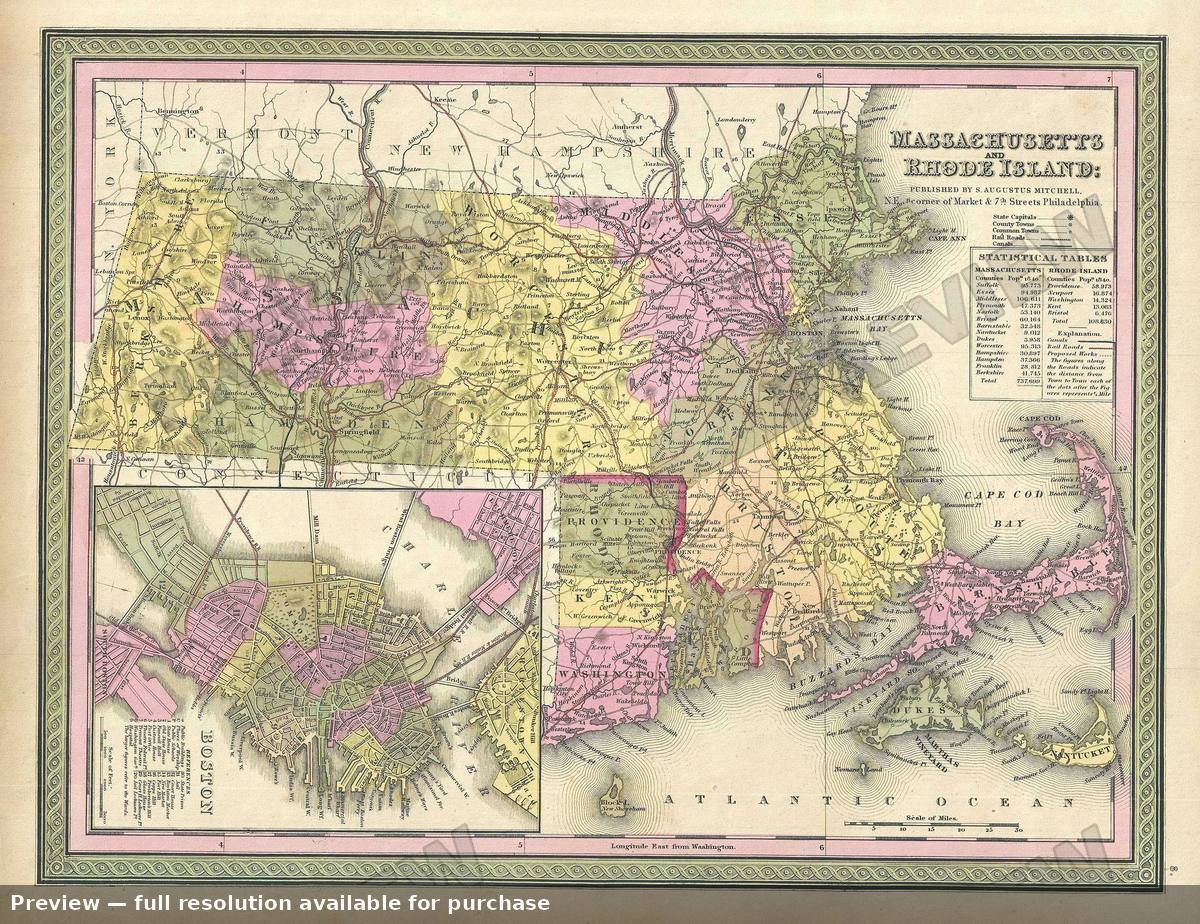 Antique map: Massachusetts Rhode Island, 1849, 1849