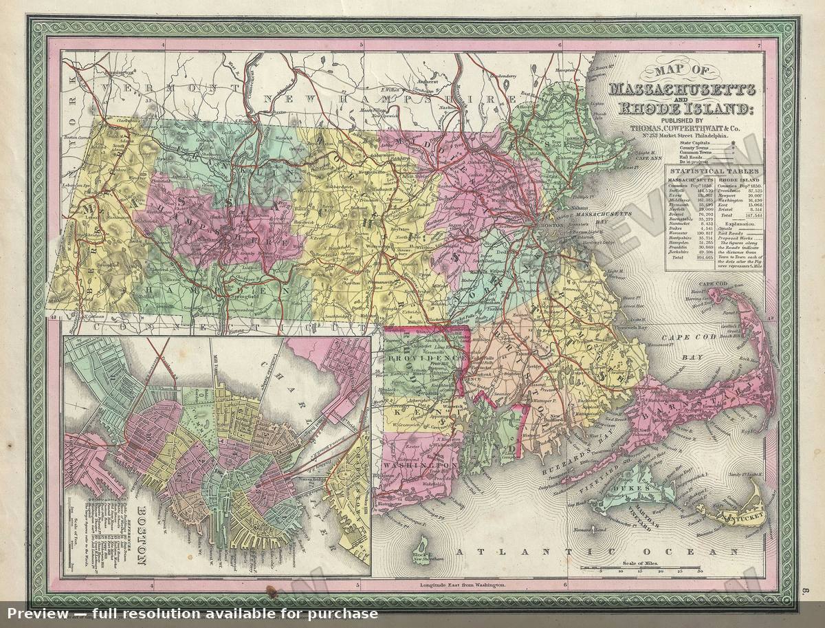 Antique map: Massachusetts Rhode Island, 1854, 1854