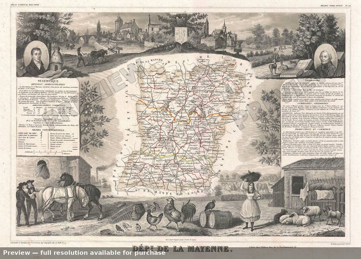Antique map: Mayenne, 1852