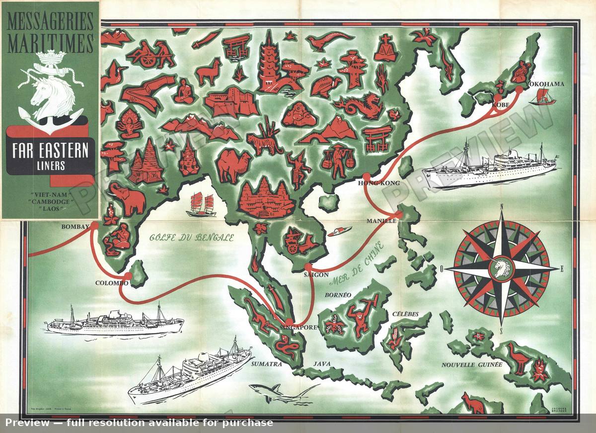 Antique map: Messageries Maritimes, 1954, 1954