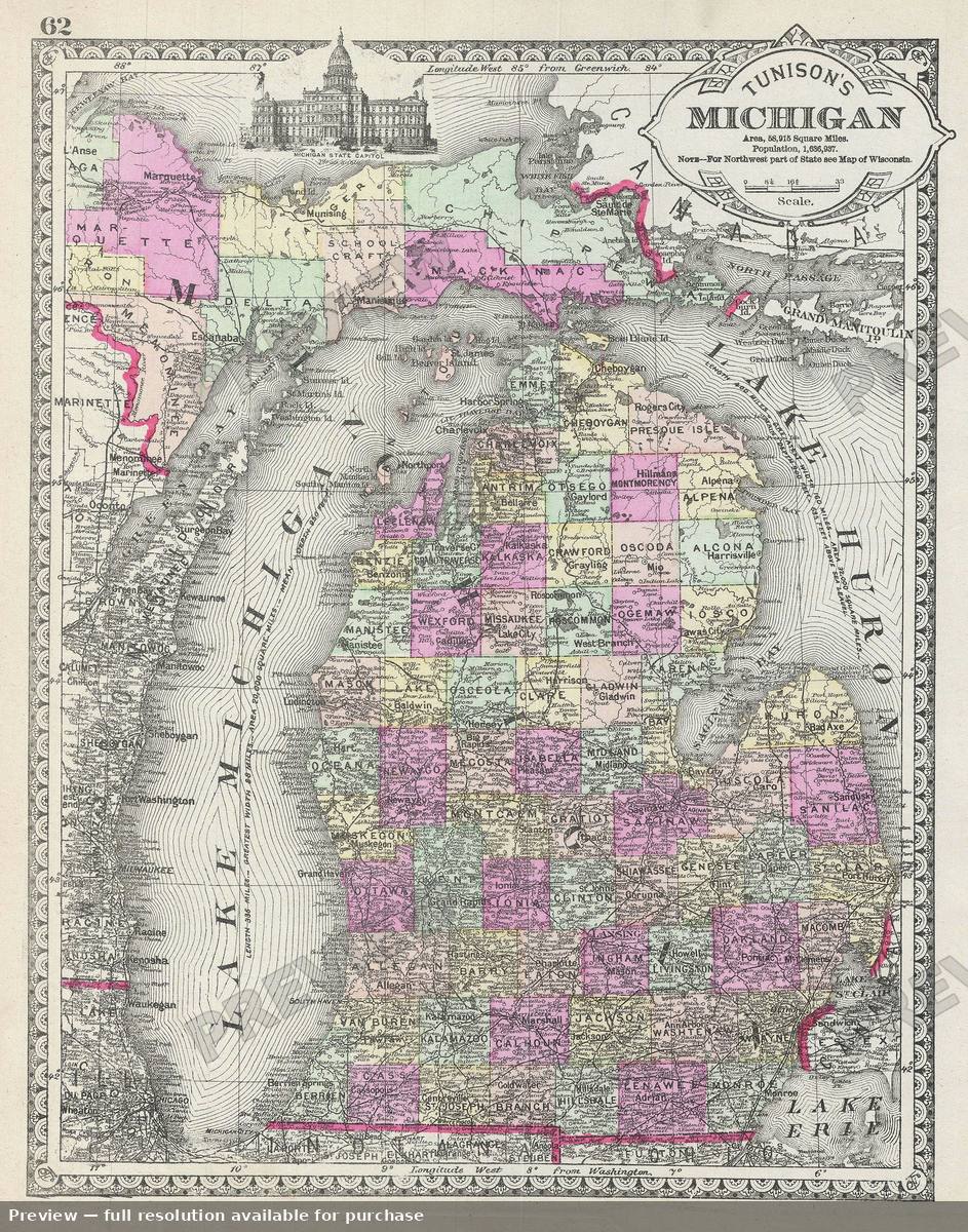 Antique map: Michigan, 1887, 1887