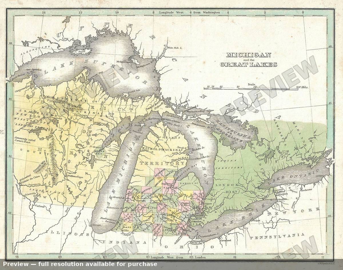 Antique map: Michigan Great Lakes, 1835