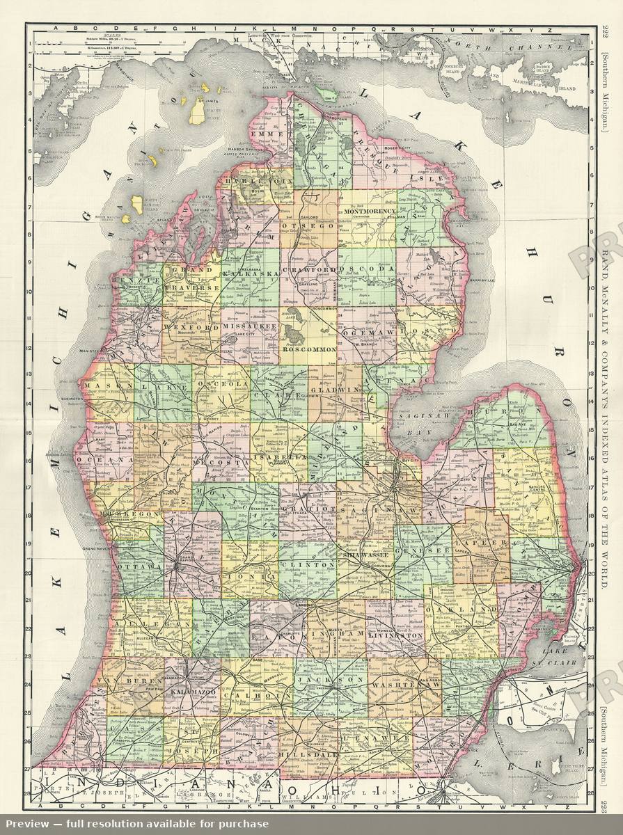 Antique map: Michigan South, 1893, 1893