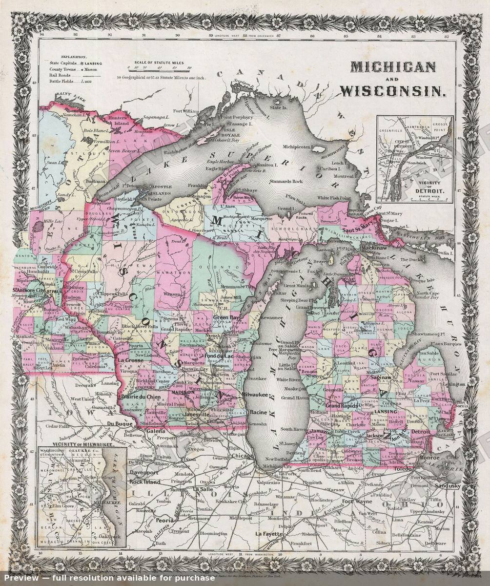 Antique map: Michigan Wisconsin, 1859, 1859