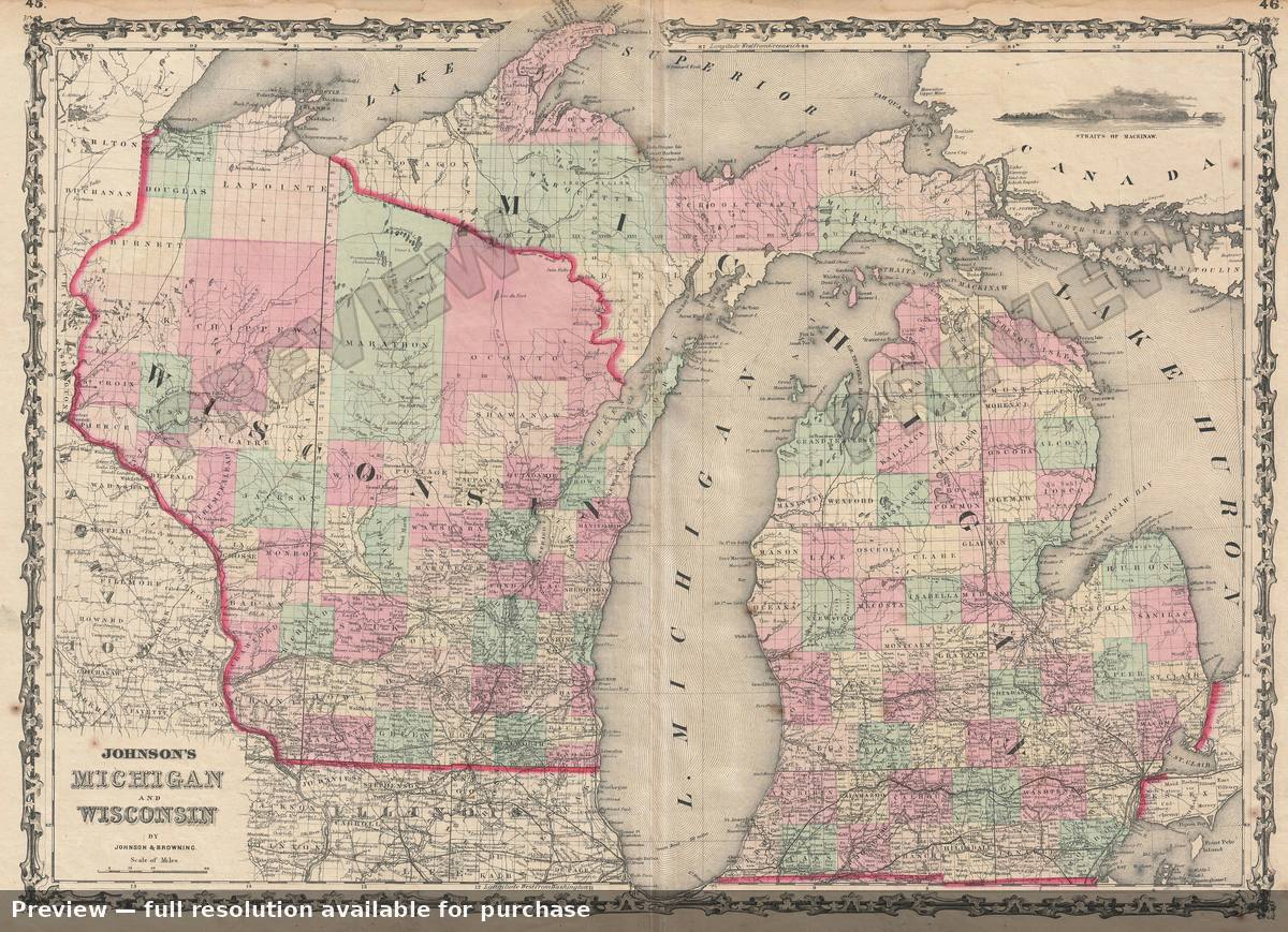 Antique map: Michigan Wisconsin, 1861, 1861