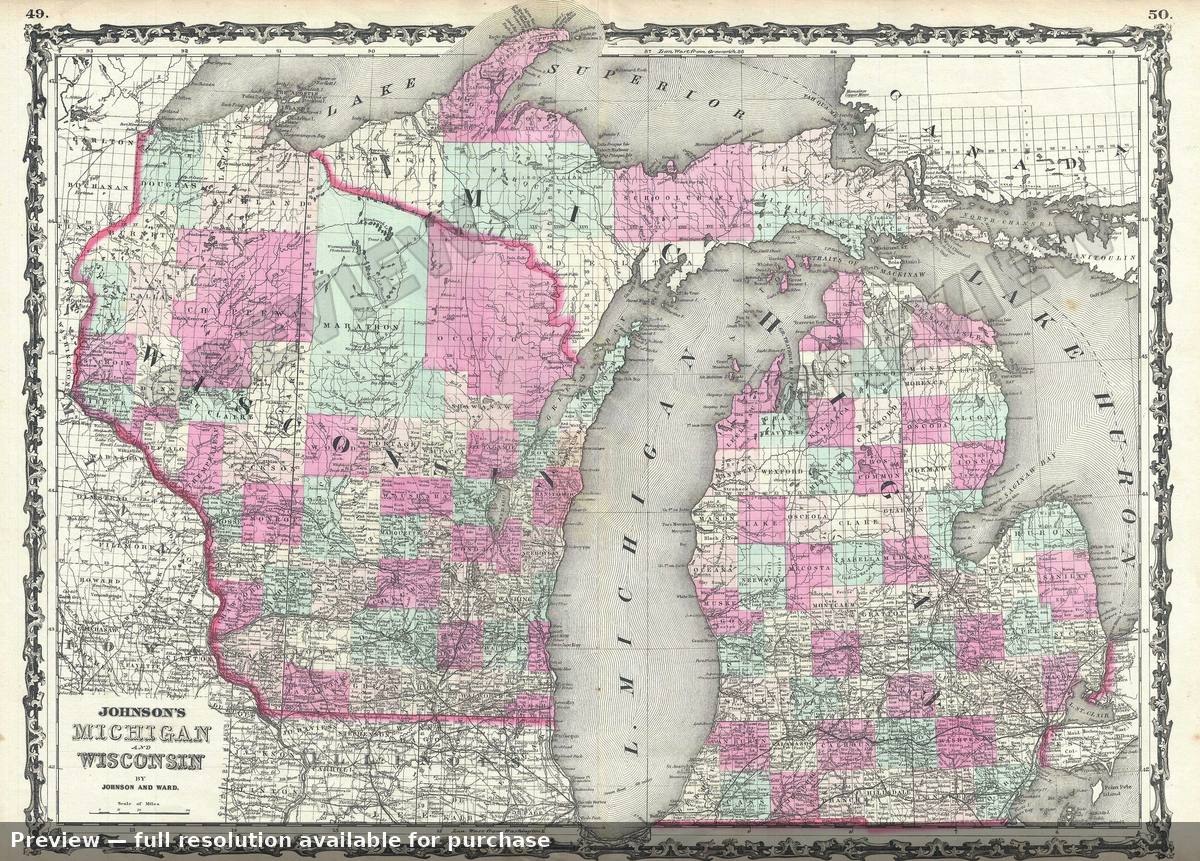 Antique map: Michigan Wisconsin, 1863, 1863