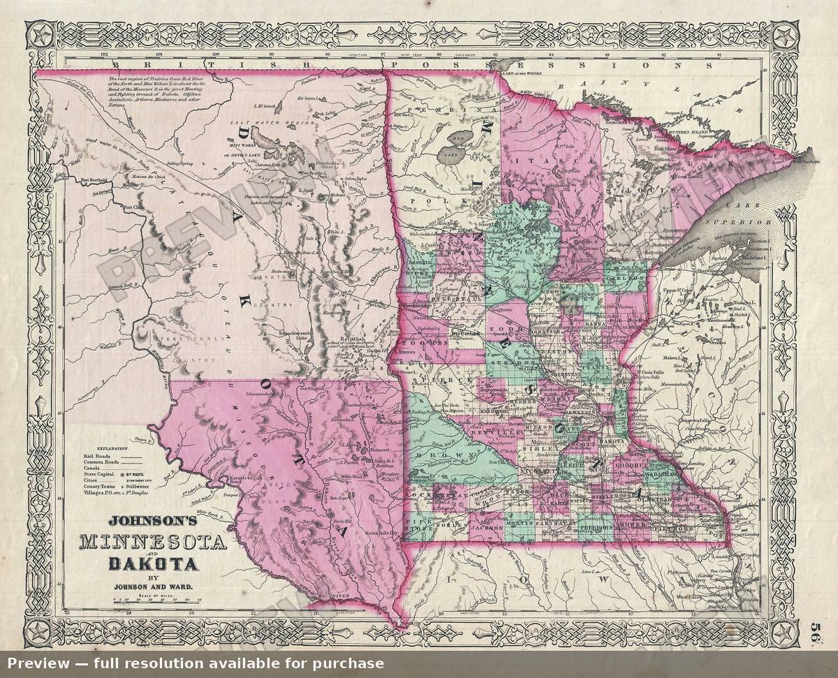 Antique map: Minnesota Dakota, 1863, 1863