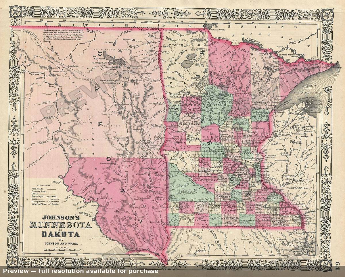Antique map: Minnesota Dakota, 1866, 1866