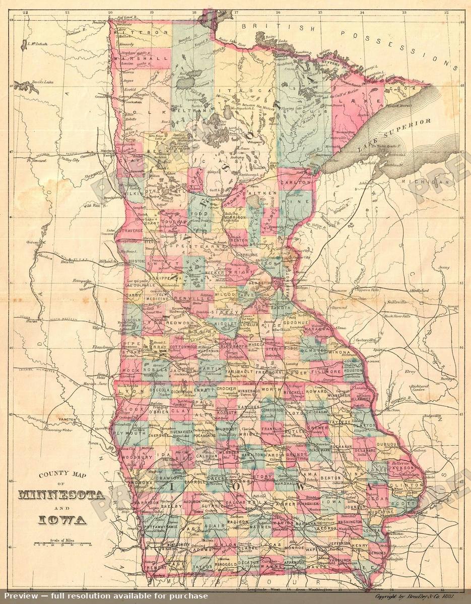 Antique map: Minnesota Iowa, 1881