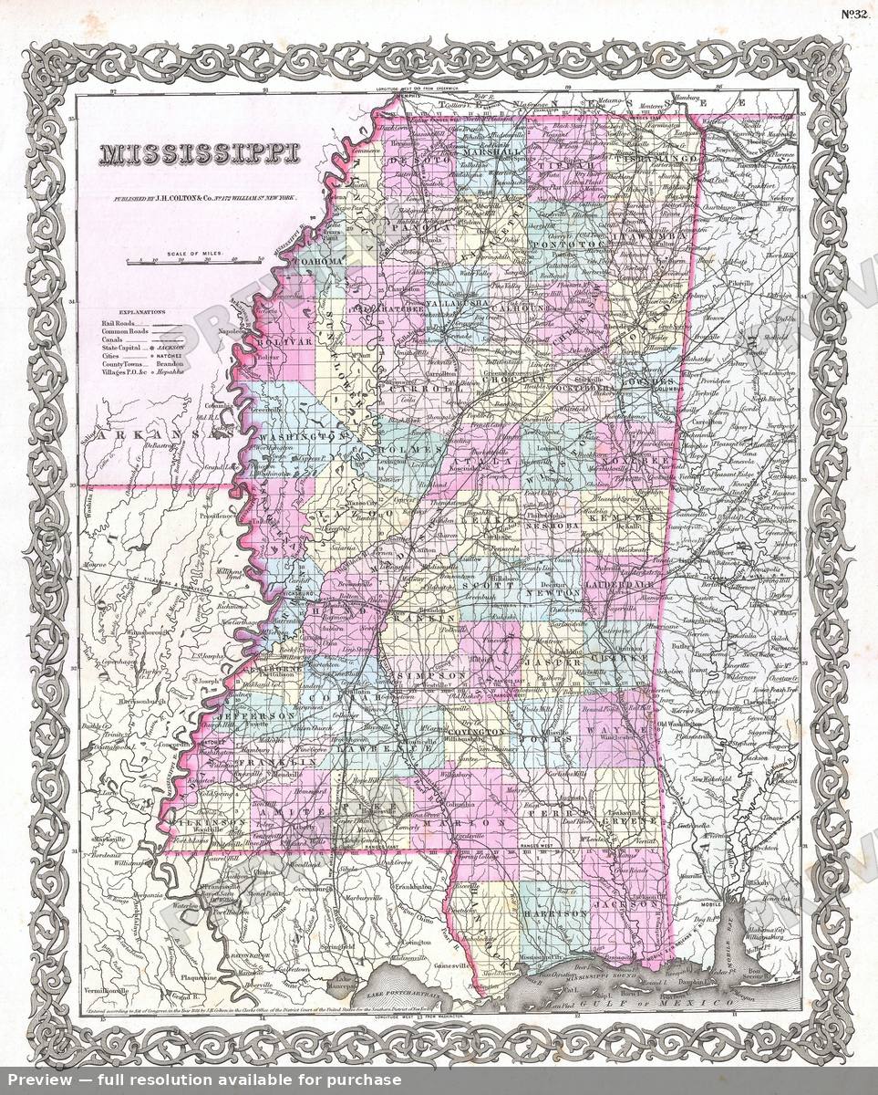 Antique map: Mississippi, 1855, 1855