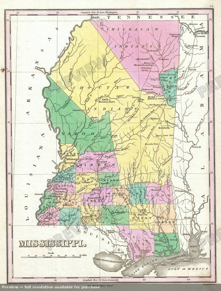 Antique map: Mississippi, 1827