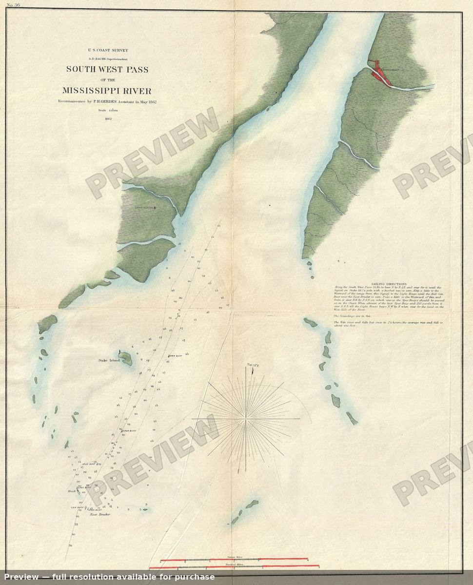 Antique map: Mississippi River South West Pass, 1862, 1862