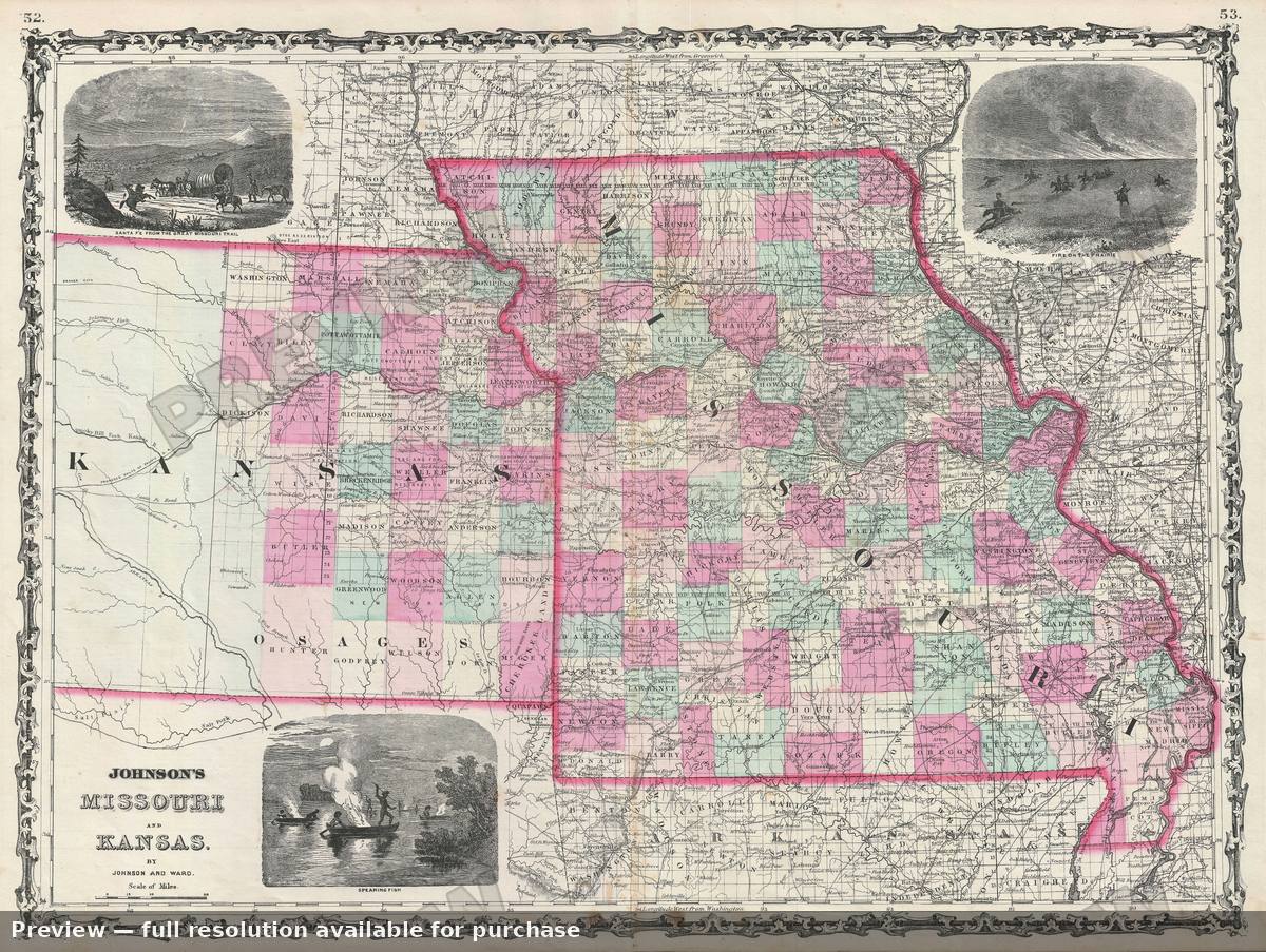 Antique map: Missouri Kansas, 1863, 1863