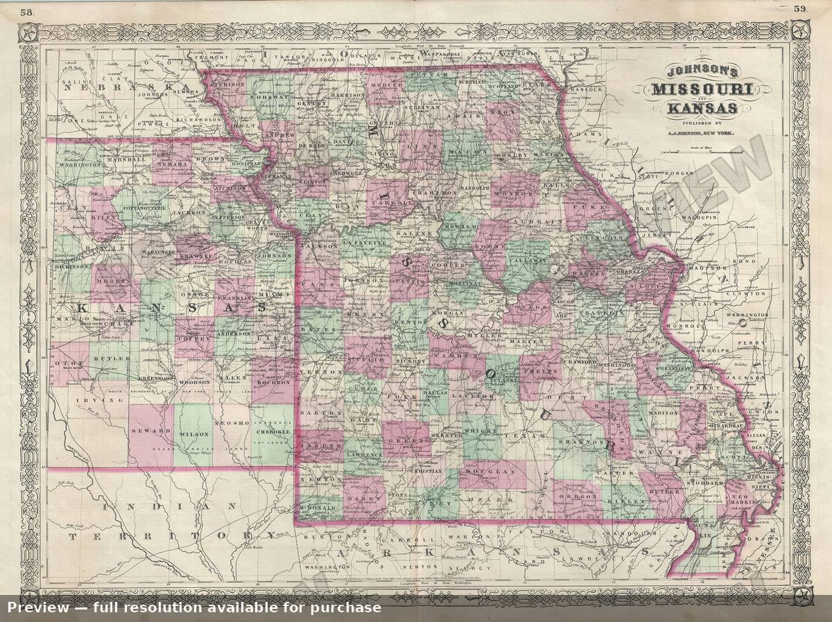 Antique map: Missouri Kansas, 1866, 1866