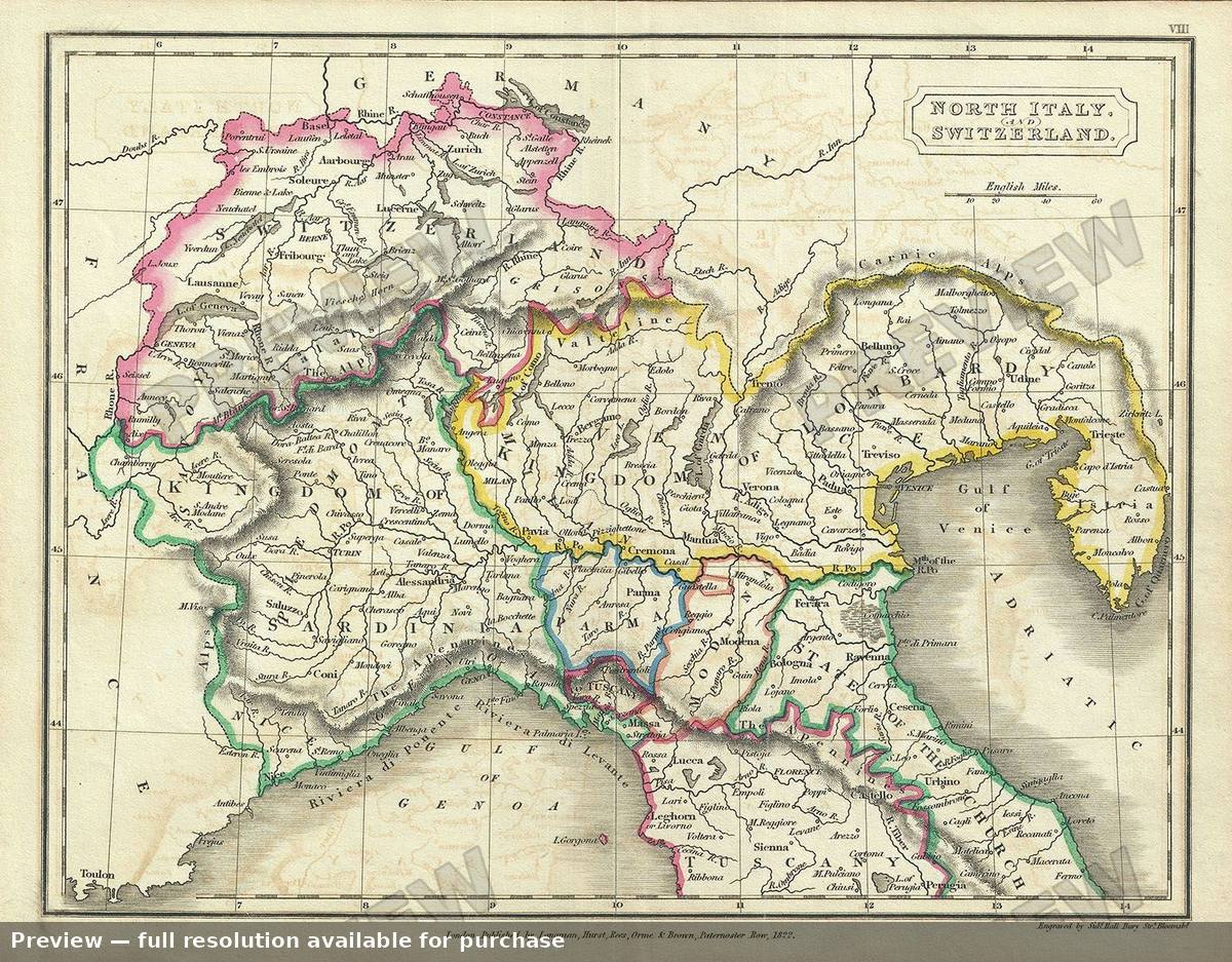 Antique map: N Italy Switzerlan, 1822