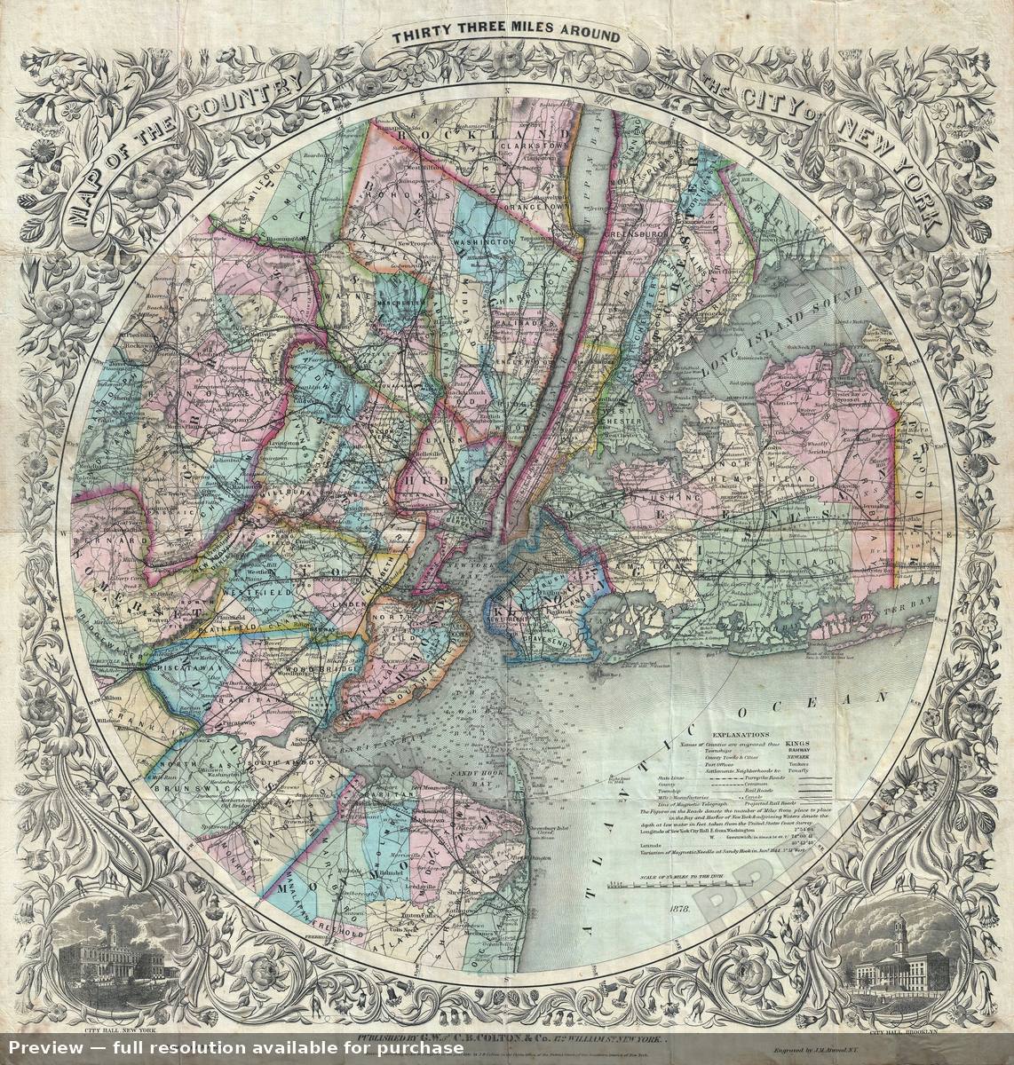 Antique map: NYC 33Miles, 1878, 1878