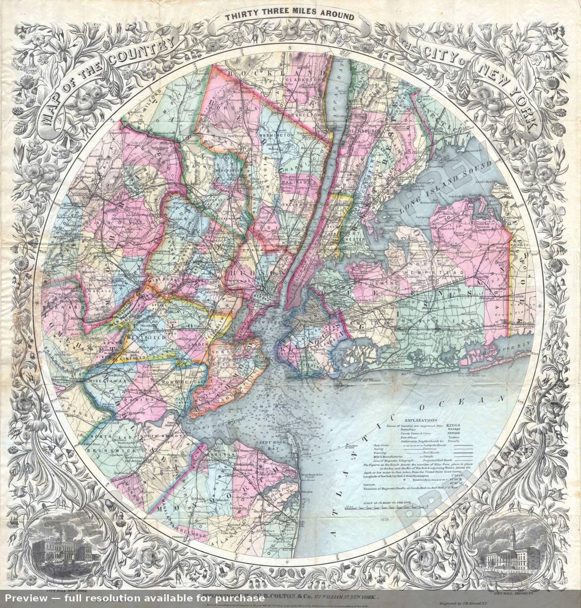 Antique map: NYC 33Miles, 1879, 1879