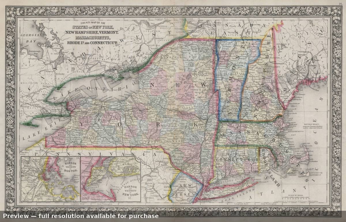 Antique map: NY New England, 1864, 1864
