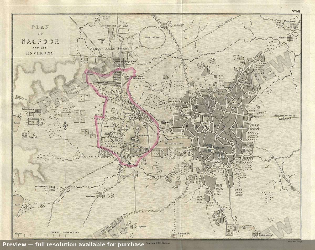 Antique map: Nagpur, 1854, 1854