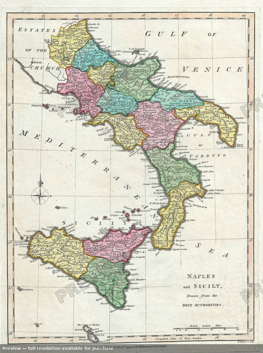 Antique map: Naples Sicily, 1792