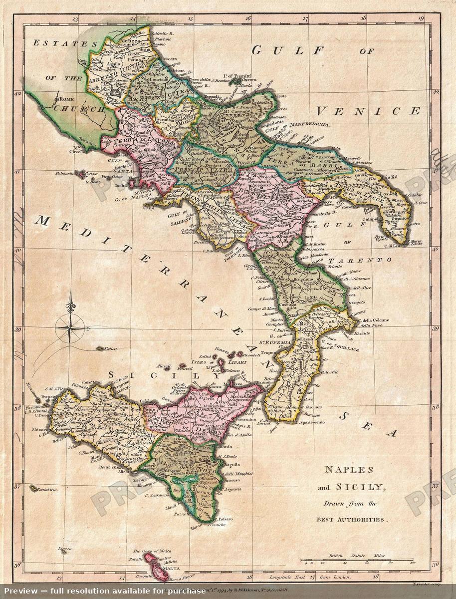 Antique map: Naples Sicily, 1794, 1794
