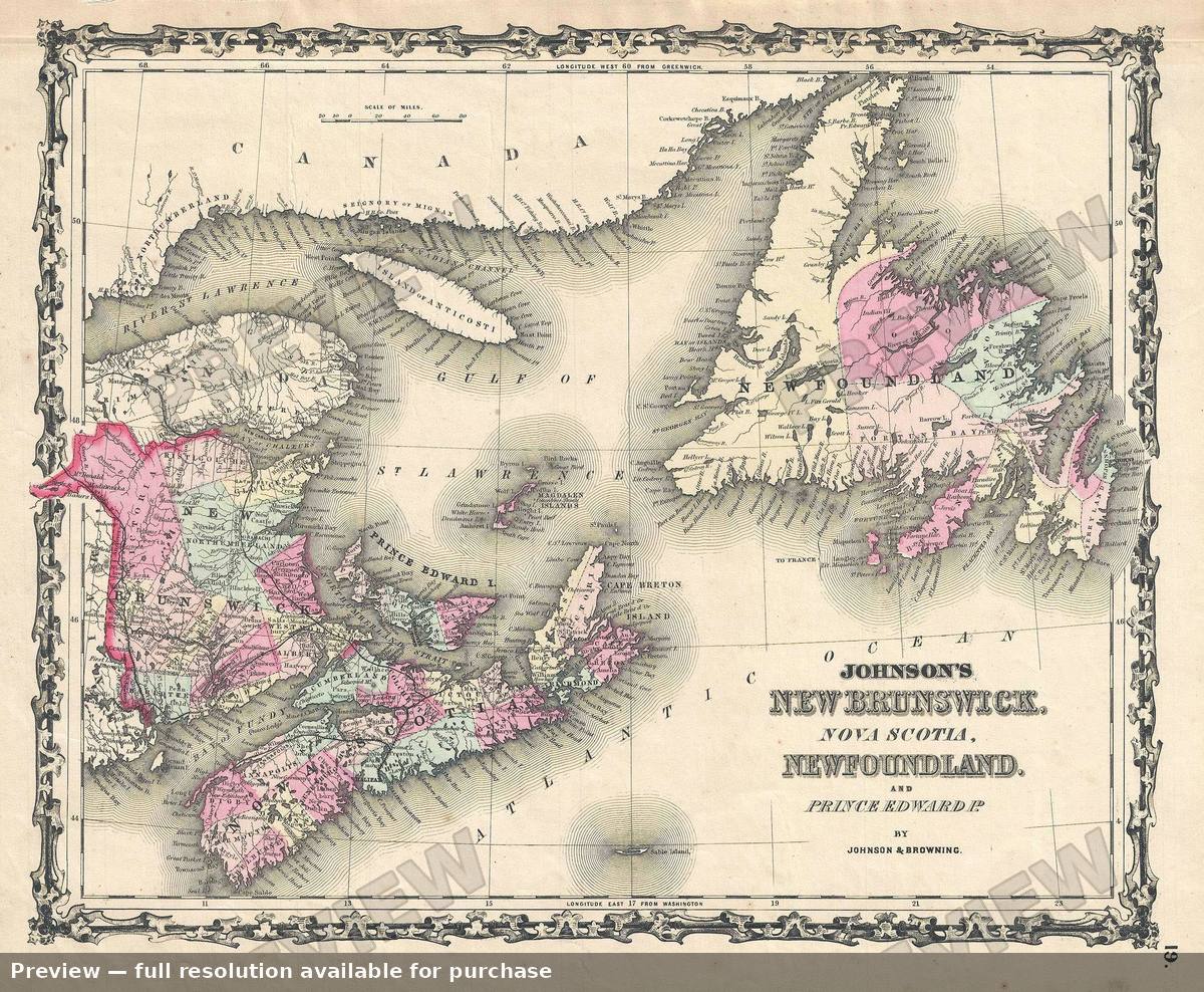 Antique map: New Brunswick Nova Scotia, 1861, 1861