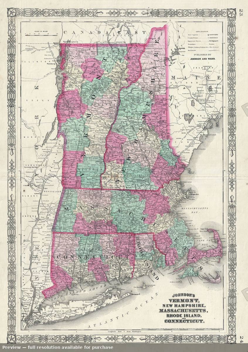 Antique map: New England, 1865, 1865