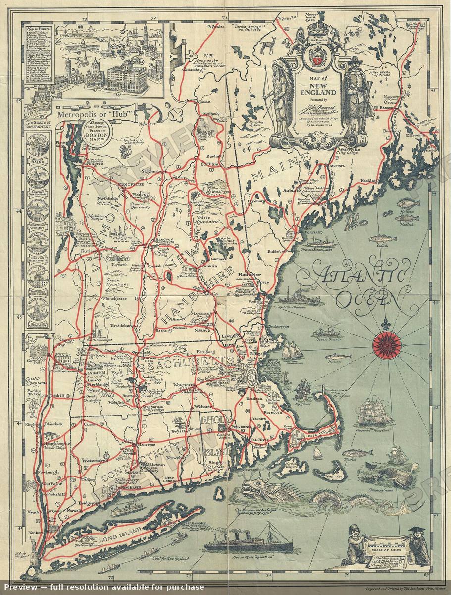 Antique map: New England, 1928, 1928