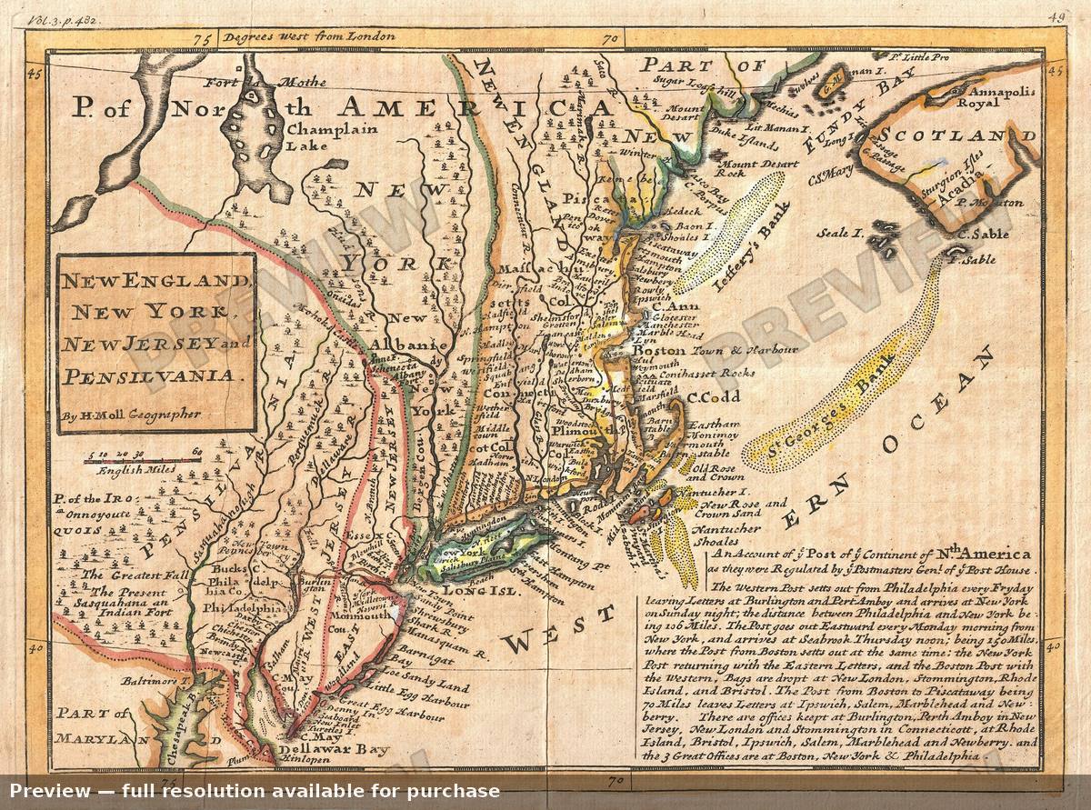 Antique map: New England New York, 1729