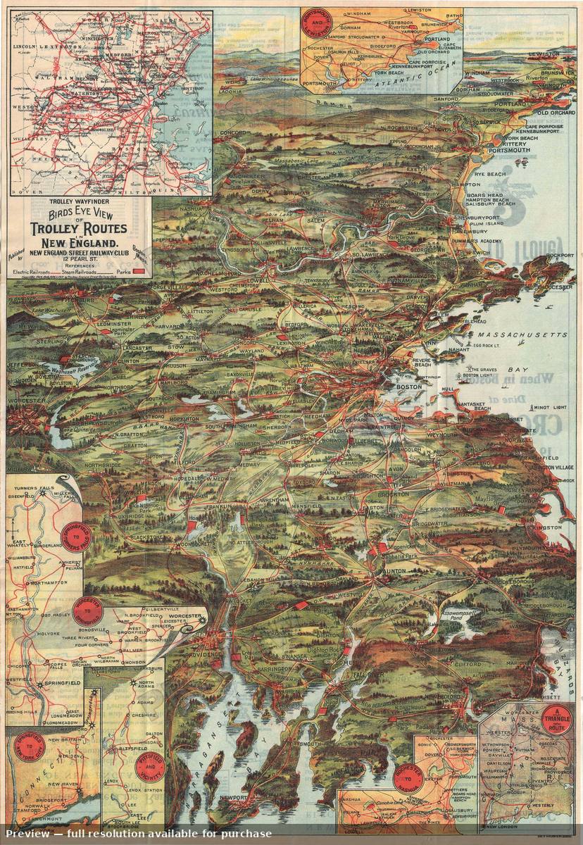 Antique map: New England Trolley, 1907